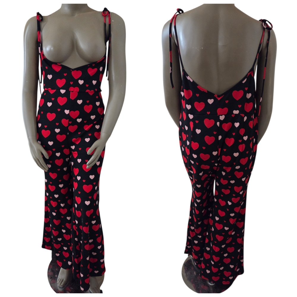 SHEIN CURVE Hearts Super Plunge Tie Shoulder Flare Jumpsuit 4XL Black Red NEW